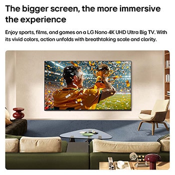 LG NANO 4K UHD AI nu70 Ultra Big TV is wall-mounted in a living space, showing a sports victory scene with confetti and a trophy, emphasizing vivid color, clear detail, and an immersive sense of scale.